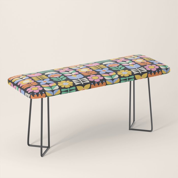 Retro Folk & Floral Colorful Pastel Flower Grid Black Bench Gallery Image 1