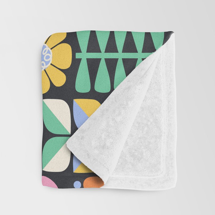 Retro Folk & Floral Colorful Pastel Flower Grid Black Throw Blanket Gallery Image 3