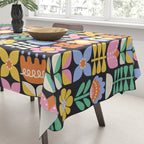 Retro Folk & Floral Colorful Pastel Flower Grid Black Tablecloth Gallery Image 3
