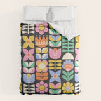 Retro Folk & Floral Colorful Pastel Flower Grid Black Duvet Cover Gallery Image 6