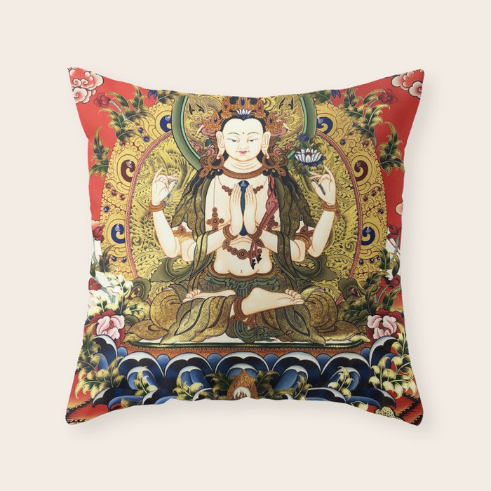 Chenrezig Bodhisattva Tibetan Buddha Throw Pillow Gallery Image 1