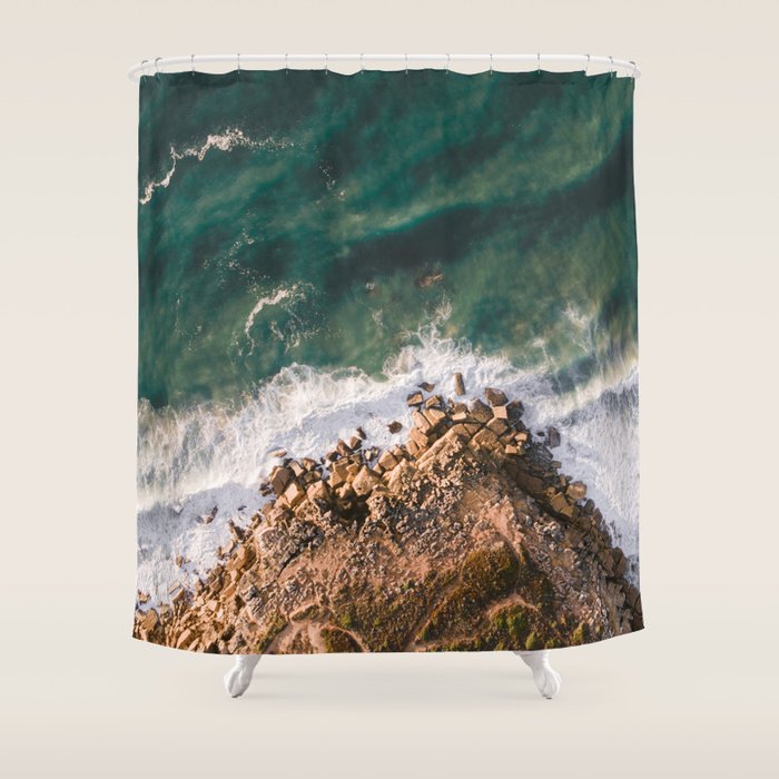 Ericeira from above | Coastal ocean drone photography print | Travel wall art Portugal Shower Curtain Gallery Image 1