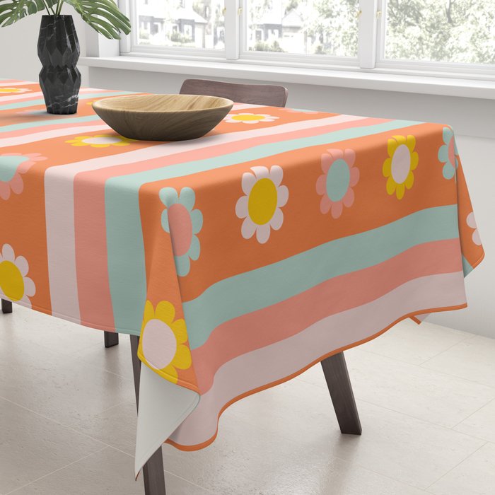 Groovy 70s Flowers & Stripes Tablecloth Gallery Image 3
