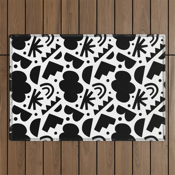Black and white organic shape art pattern Outdoor Rug Gallery Image 1