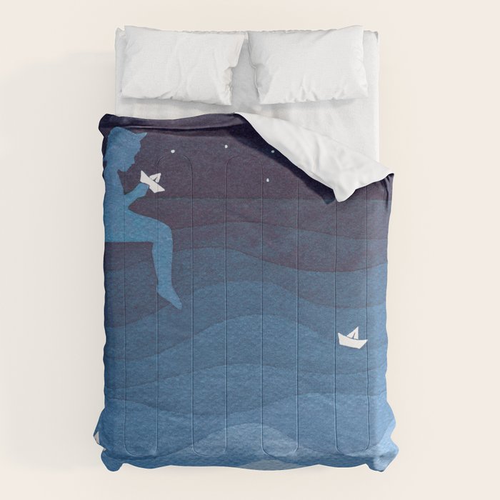 Boy with paper boats, blue Comforter Gallery Image 6