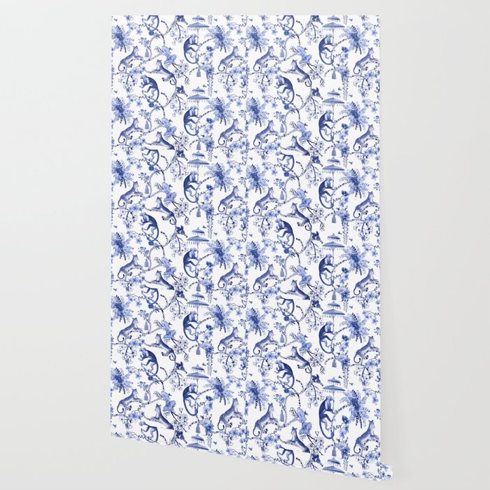 Chinoiserie Monkey Jungle Botanical Toile de Jouy Art Wallpaper Gallery Image 2