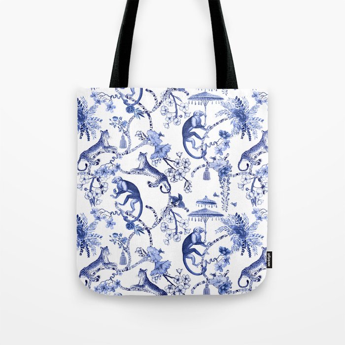 Chinoiserie Monkey Jungle Botanical Toile de Jouy Art Tote Bag Gallery Image 1