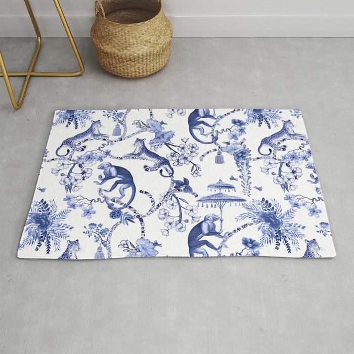 Chinoiserie Monkey Jungle Botanical Toile de Jouy Art Rug Gallery Image 1