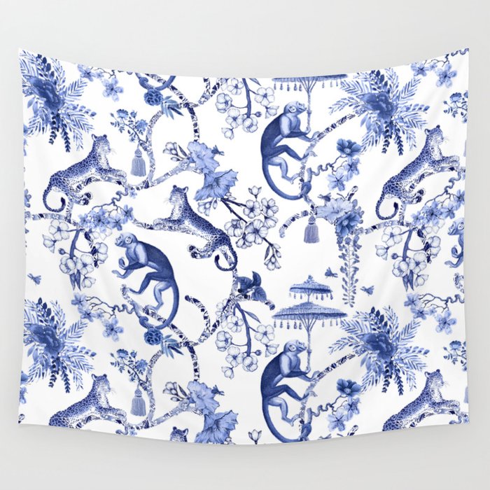 Chinoiserie Monkey Jungle Botanical Toile de Jouy Art Wall Tapestry Gallery Image 1