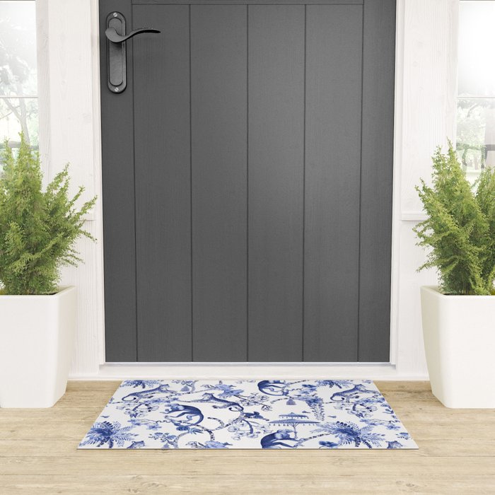 Chinoiserie Monkey Jungle Botanical Toile de Jouy Art Welcome Mat Gallery Image 3