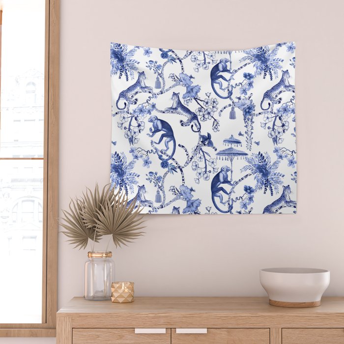 Chinoiserie Monkey Jungle Botanical Toile de Jouy Art Wall Tapestry Gallery Image 2