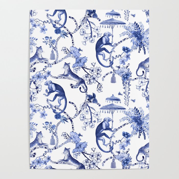 Chinoiserie Monkey Jungle Botanical Toile de Jouy Art Poster Gallery Image 4