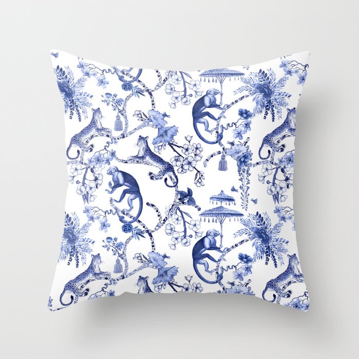 Chinoiserie Monkey Jungle Botanical Toile de Jouy Art Throw Pillow Gallery Image 6