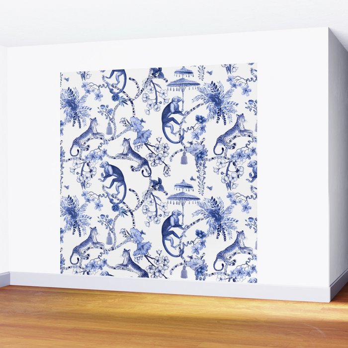 Chinoiserie Monkey Jungle Botanical Toile de Jouy Art Wall Mural Gallery Image 2