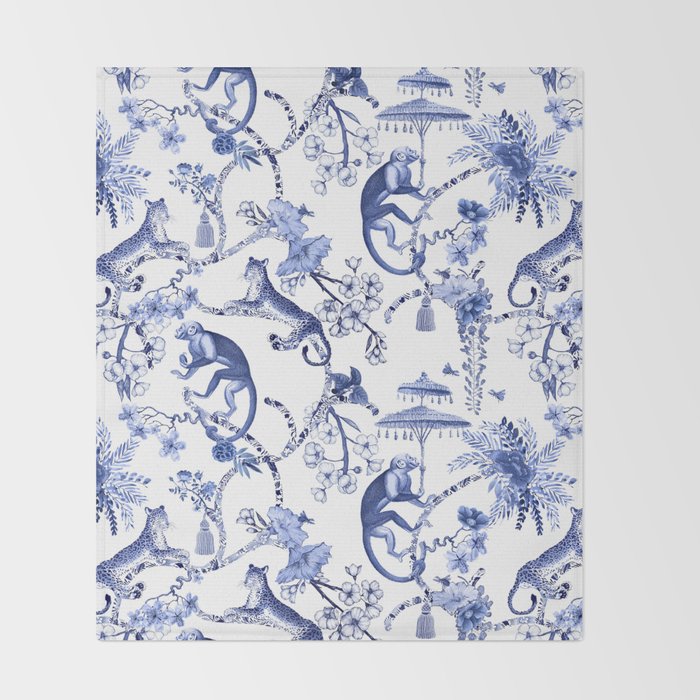 Chinoiserie Monkey Jungle Botanical Toile de Jouy Art Throw Blanket Gallery Image 2