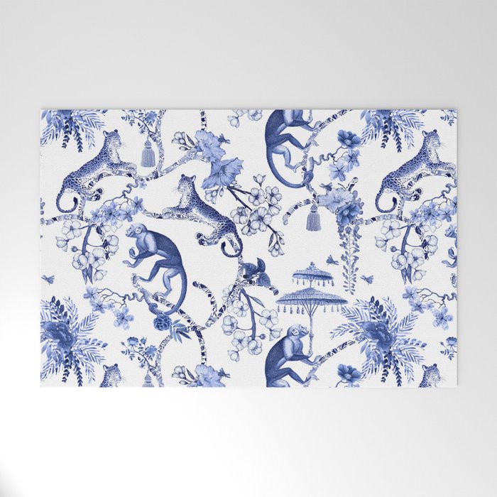 Chinoiserie Monkey Jungle Botanical Toile de Jouy Art Welcome Mat Gallery Image 1