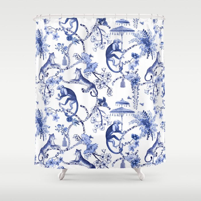 Chinoiserie Monkey Jungle Botanical Toile de Jouy Art Shower Curtain Gallery Image 1