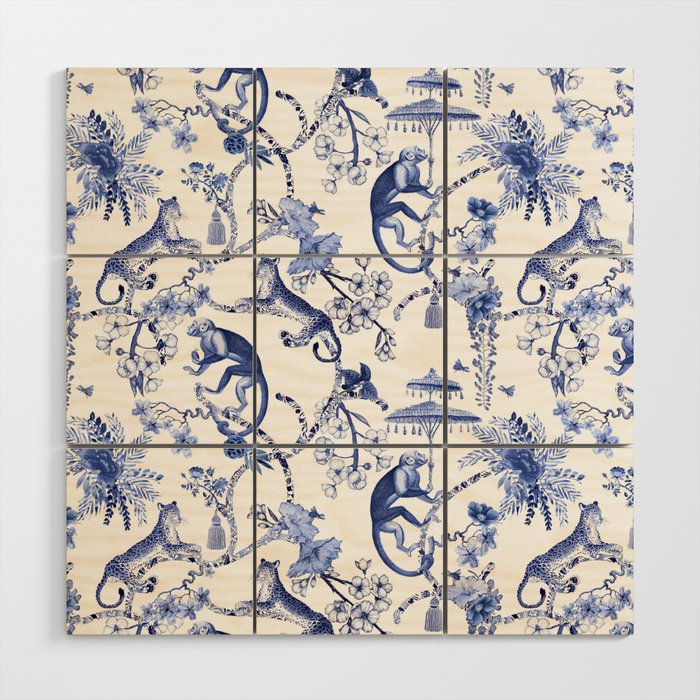 Chinoiserie Monkey Jungle Botanical Toile de Jouy Art Wood Wall Art Gallery Image 1