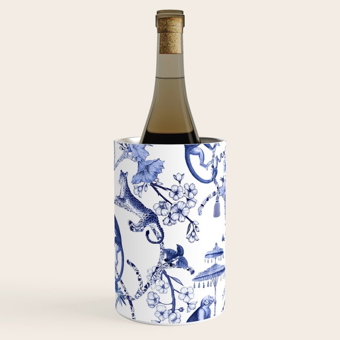 Chinoiserie Monkey Jungle Botanical Toile De Jouy Art Wine Chiller