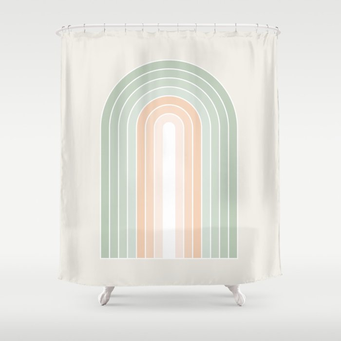 Minimal Abstract Retro Spring Rainbow - Pastel sage green and Peach fuzz Shower Curtain Gallery Image 1
