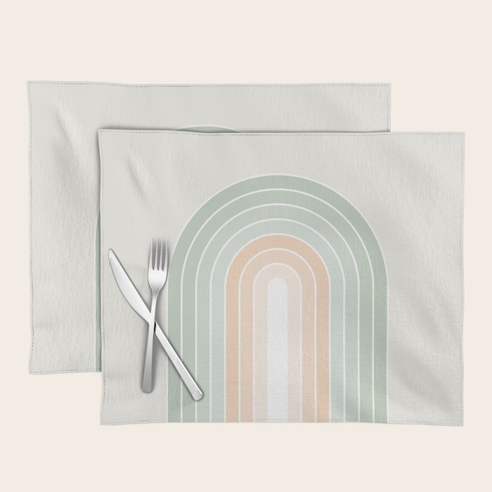 Minimal Abstract Retro Spring Rainbow - Pastel sage green and Peach fuzz Placemat Gallery Image 1