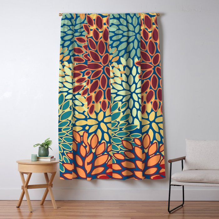 Festive Floral Prints, Red, Teal, Yellow, Orange, Colourful Prints Window Curtain Gallery Image 5