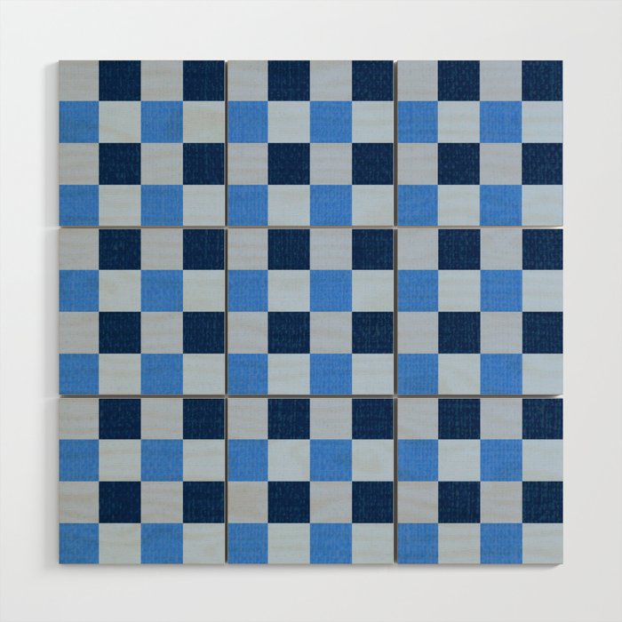 French Ocean Blue Checks Pattern Wood Wall Art Gallery Image 1
