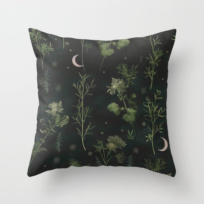 Full Moon Forest - Dreaming Crescent Moon Botanical  Throw Pillow Gallery Image 6