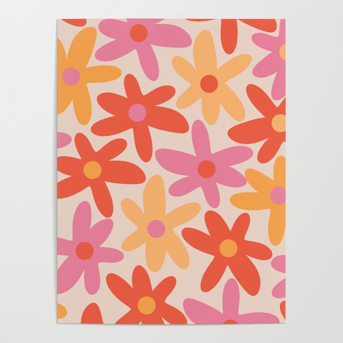 Daisy Time Retro Floral Pattern Pink Orange Poster Gallery Image 4
