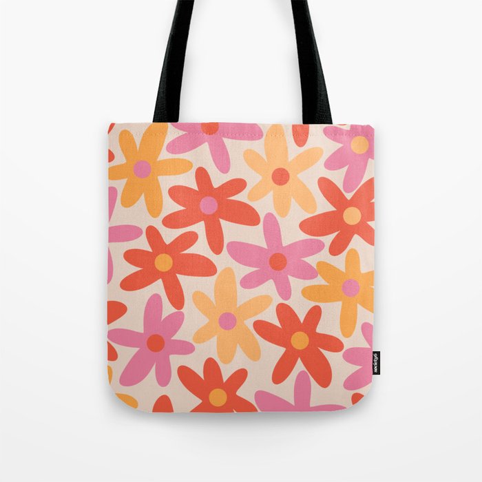 Daisy Time Retro Floral Pattern Pink Orange Tote Bag Gallery Image 1