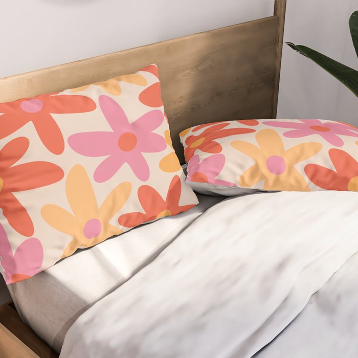 Daisy Time Retro Floral Pattern Pink Orange Pillow Sham Gallery Image 2