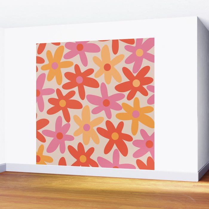 Daisy Time Retro Floral Pattern Pink Orange Wall Mural Gallery Image 2