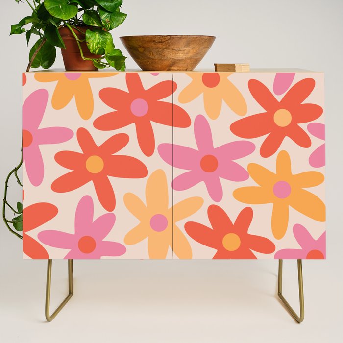 Daisy Time Retro Floral Pattern Pink Orange Credenza Gallery Image 1