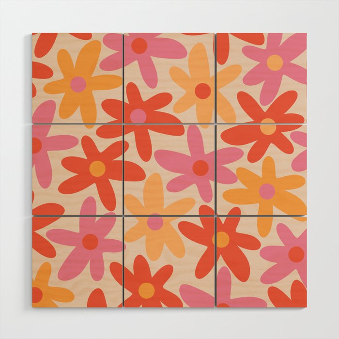Daisy Time Retro Floral Pattern Pink Orange Wood Wall Art Gallery Image 1