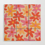 Daisy Time Retro Floral Pattern Pink Orange Wood Wall Art Gallery Image 1