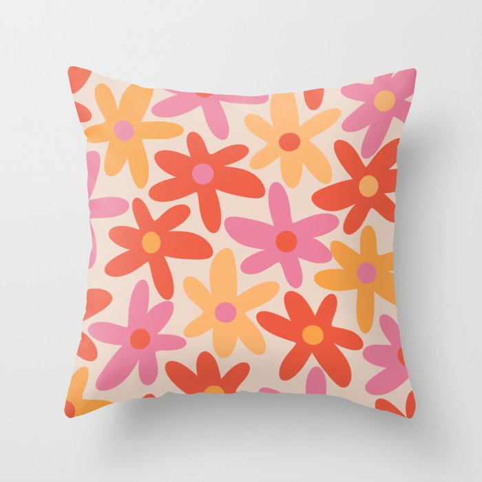 Daisy Time Retro Floral Pattern Pink Orange Throw Pillow Gallery Image 1