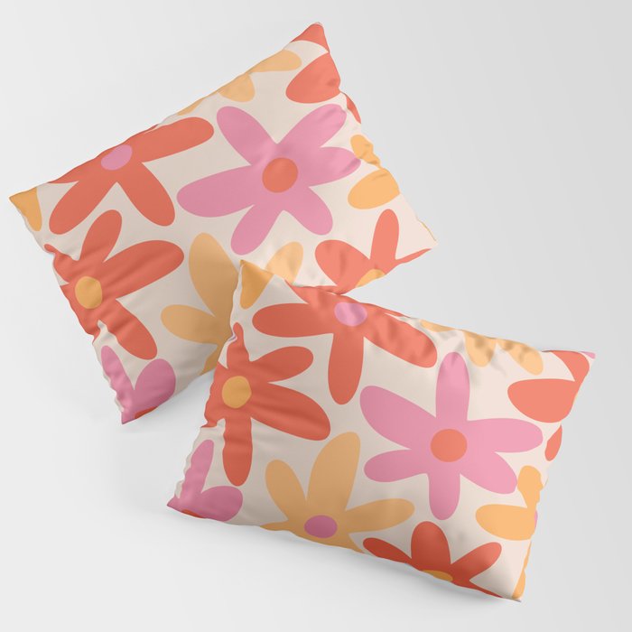Daisy Time Retro Floral Pattern Pink Orange Pillow Sham Gallery Image 1