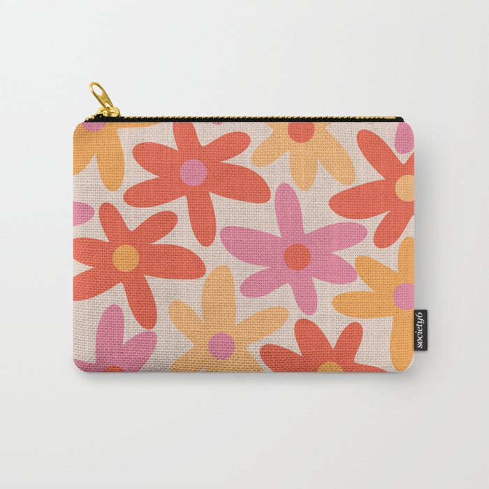 Daisy Time Retro Floral Pattern Pink Orange Carry All Pouch Gallery Image 1