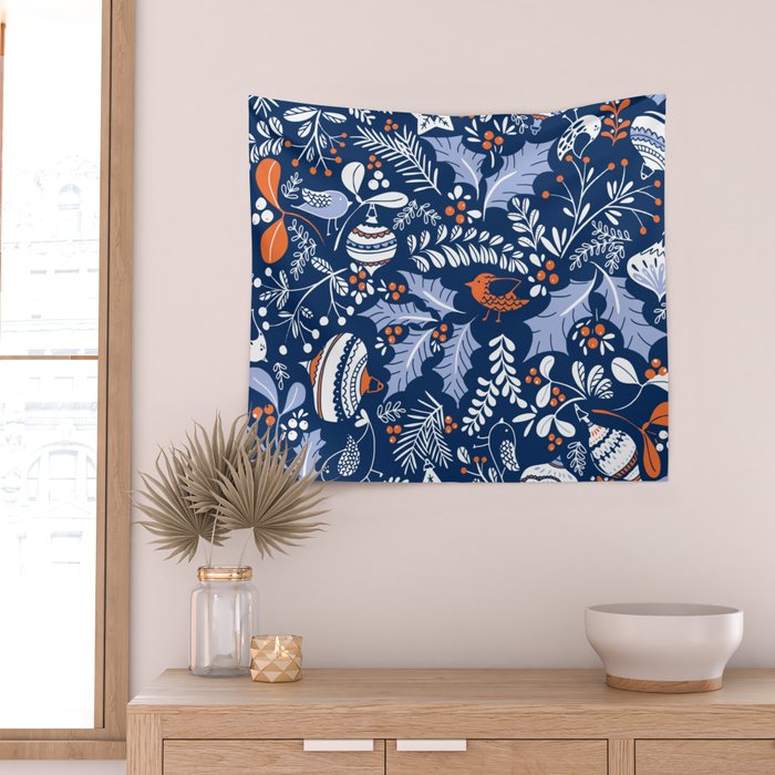Wonderful ditsy holiday joy blue Wall Tapestry Gallery Image 2