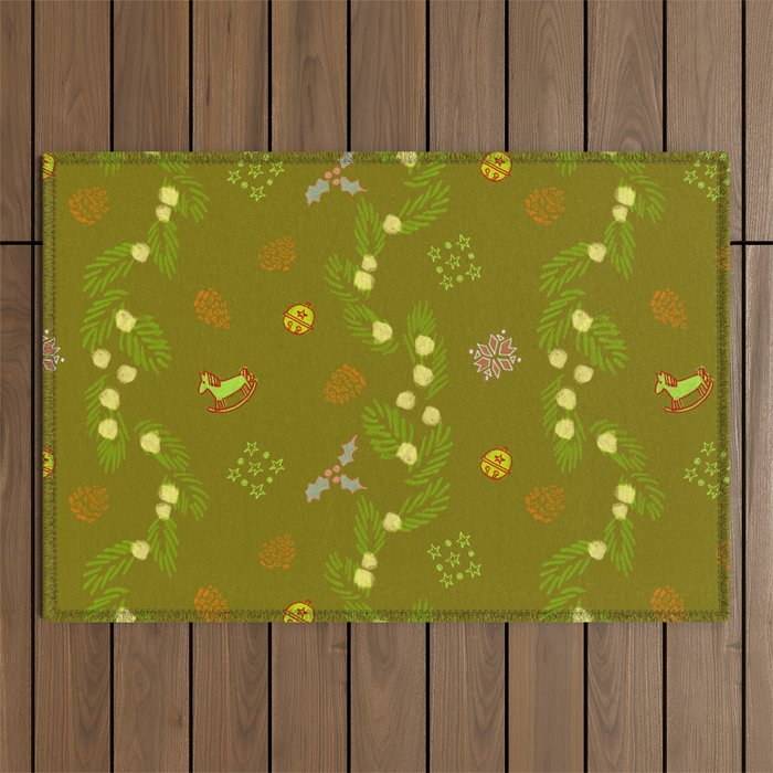 Whimsical Tiny Toys & Pine Branches in Green Outdoor Rug Gallery Image 1
