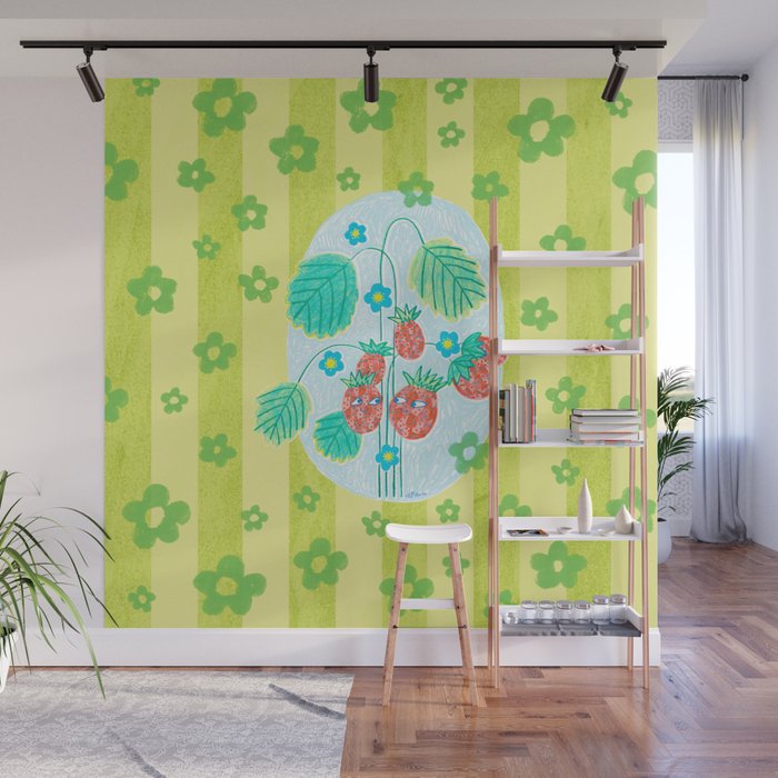 Sweet Strawberry Plant Friends in Lime & Pink Wall Mural Gallery Image 1