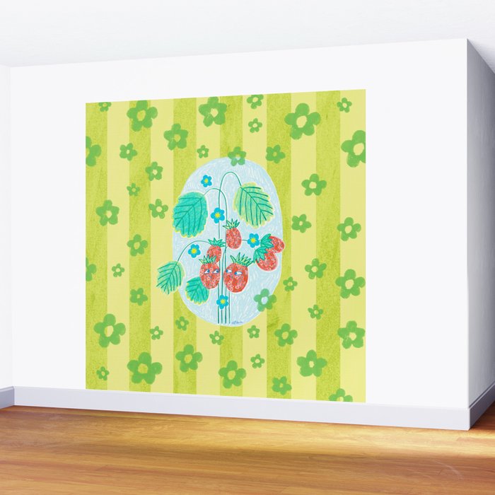 Sweet Strawberry Plant Friends in Lime & Pink Wall Mural Gallery Image 2