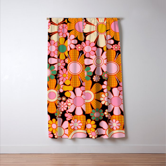 Retro Garden Gingham Flowers Vintage Maximalist Floral Pattern Pink Orange Mustard on Black Window Curtain Gallery Image 3