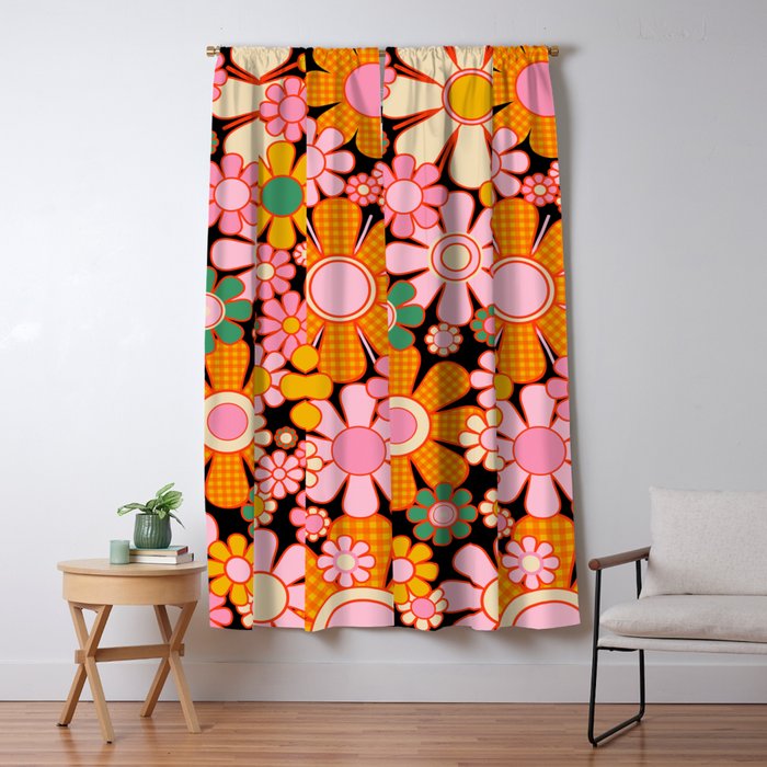 Retro Garden Gingham Flowers Vintage Maximalist Floral Pattern Pink Orange Mustard on Black Window Curtain Gallery Image 5