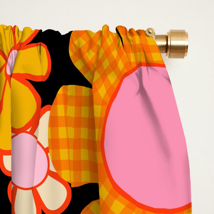 Retro Garden Gingham Flowers Vintage Maximalist Floral Pattern Pink Orange Mustard on Black Window Curtain Gallery Image 2