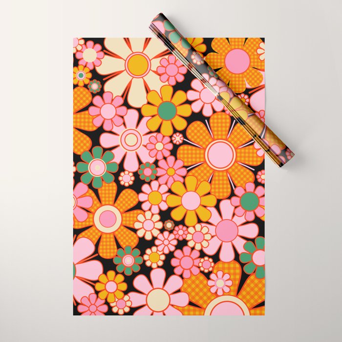 Retro Garden Gingham Flowers Vintage Maximalist Floral Pattern Pink Orange Mustard on Black Wrapping Paper Gallery Image 1
