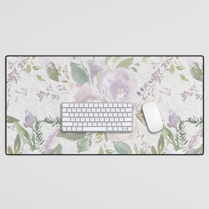 Lavender pastel green white watercolor floral pattern Desk Mat Gallery Image 1