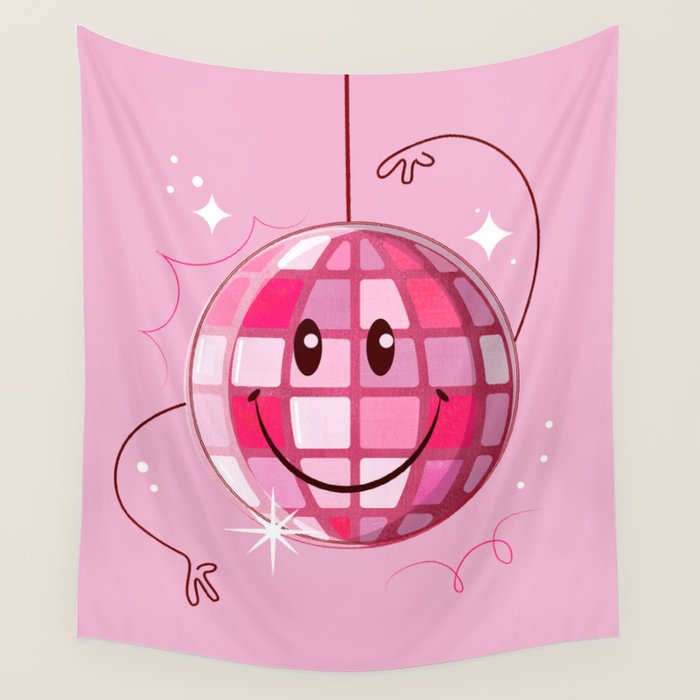 Smiley Pink Disco Ball Wall Tapestry Gallery Image 4