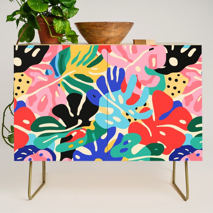Colorful tropical plant leaves art pattern Credenza Gallery Image 1