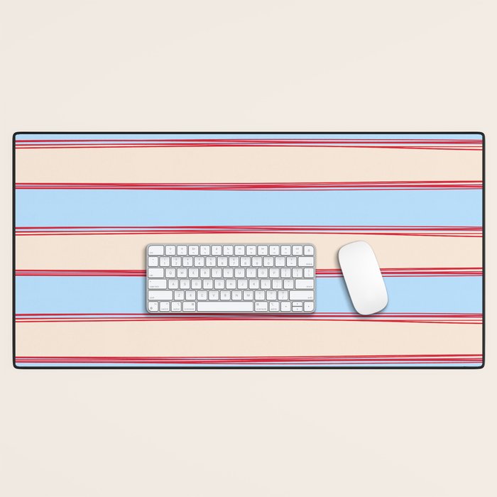 Lined Stripes Pattern in Cottage Light Blue, Red, and Cream Beige Desk Mat Gallery Image 1